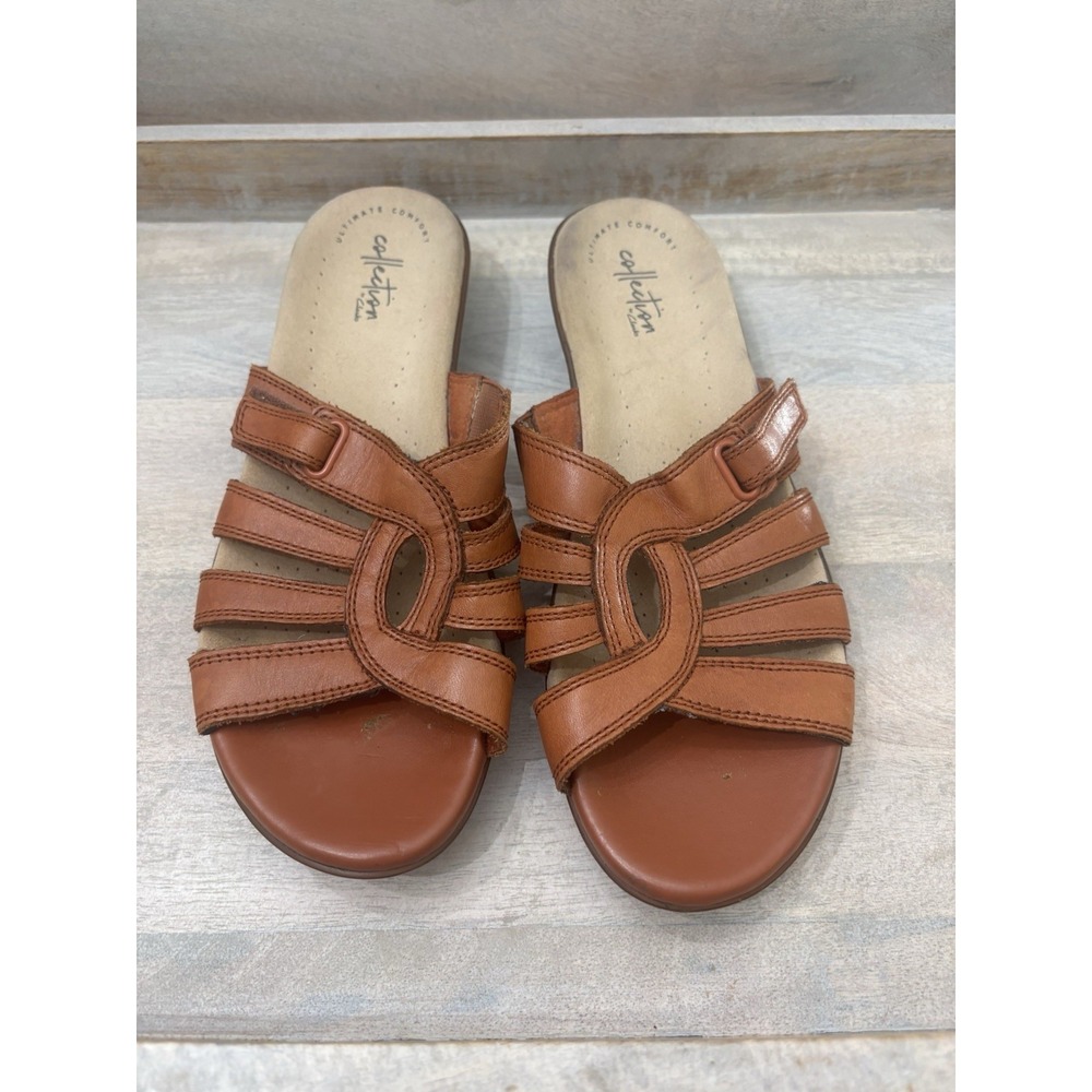 Clarks Collection Leather Slide Sandals Cognac Comfort Women's 8.5